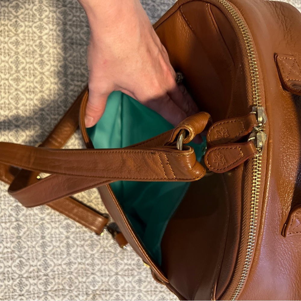 Lily Jade Brown Leather Backpack diaper bag with Teal Lining and accessories - Picture 4 of 14